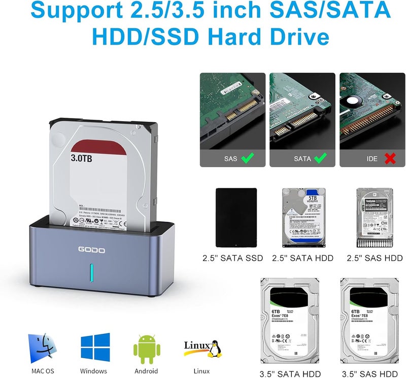 Godo SAS/SATA Hard Drive Docking Station Adapter, 2.5/3.5 inch USB 3.0 External SAS Enclosure, HDD SSD Converter with 12V/2.5A Power Adapter 20TB 10Gbps Tool Free… - Image 4